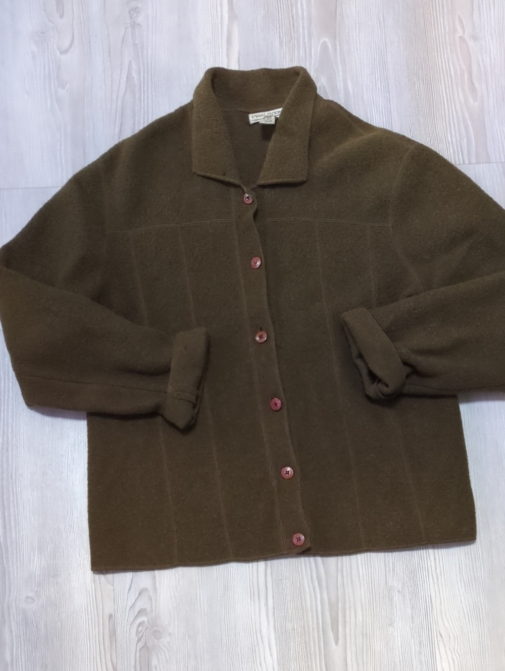 Evan Picone XL 100% Wool Olive Brown Boiled Wool Cardigan Jacket Cottagecore AS